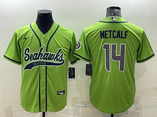 Men's Seattle Seahawks #14 DK Metcalf Green With Patch Cool Base Stitched Baseball Jersey - Click Image to Close